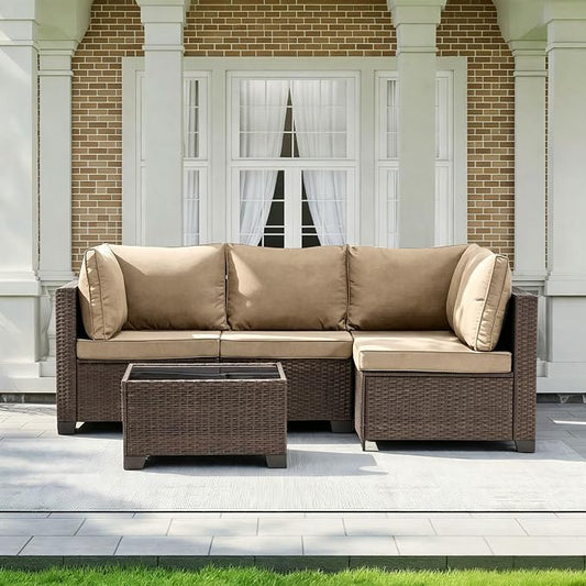 MOCHITO 5 Pieces Outdoor Patio Furniture Sets, All-Weather Sectional Sofa Dark Brown PE Rattan Wicker Conversation Set with Glass Table and Washable Khaki Cushions for Backyard,Sunroom,Garden,Porch