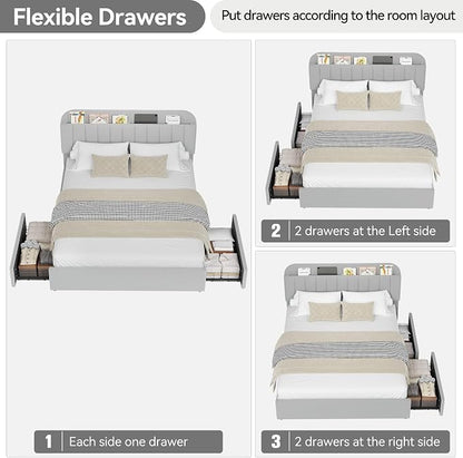 GarveeHome Full Bed Frame with Storage Headboard, Kids Bed Frame with 2 Drawers, Boucle Upholstered Platform Bed with Bookcase, No Box Spring Needed, Easy Assembly, Light Gray