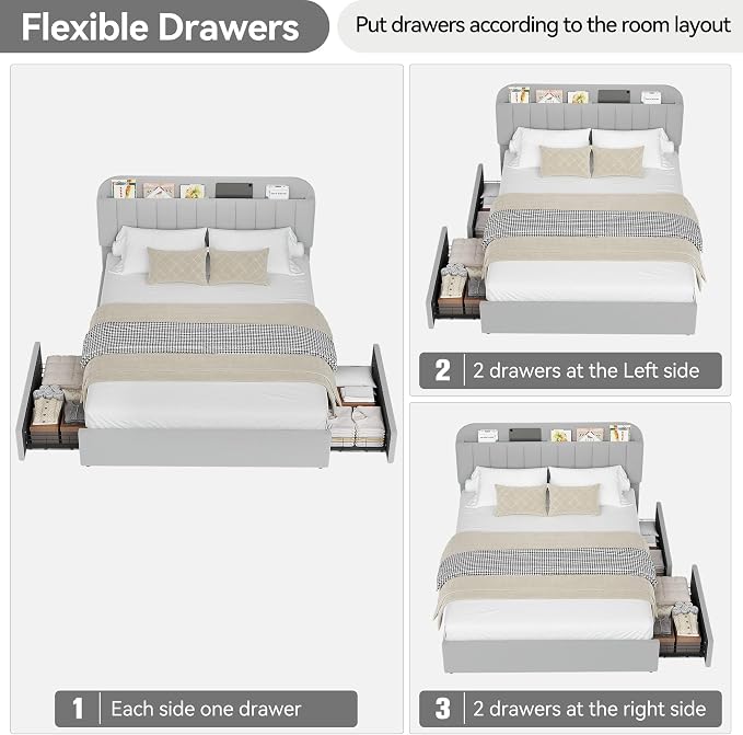 IDEALHOUSE Full Bed Frame with 2 Flexible Drawers and Bookcase Headboard, Boucle Upholstered Platform Bed for Boys/Girls, Noise-Free, Easy Assembly, No Box Spring Needed, Gray