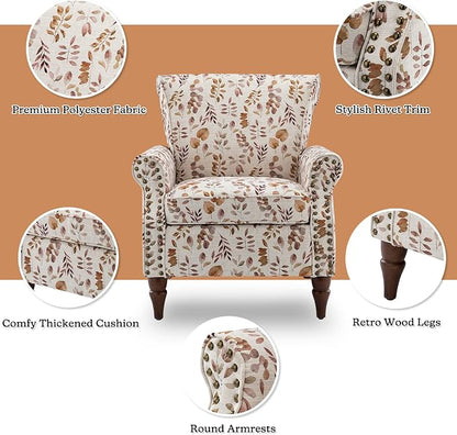 HULALA HOME Modern Wingback Accent Chair with Wood Legs & Removable Cushion, Comfy Upholstered Armchair with Nailhead Trim, Floral Pattern Single Sofa Chair for Living Room Bedroom, Yellow