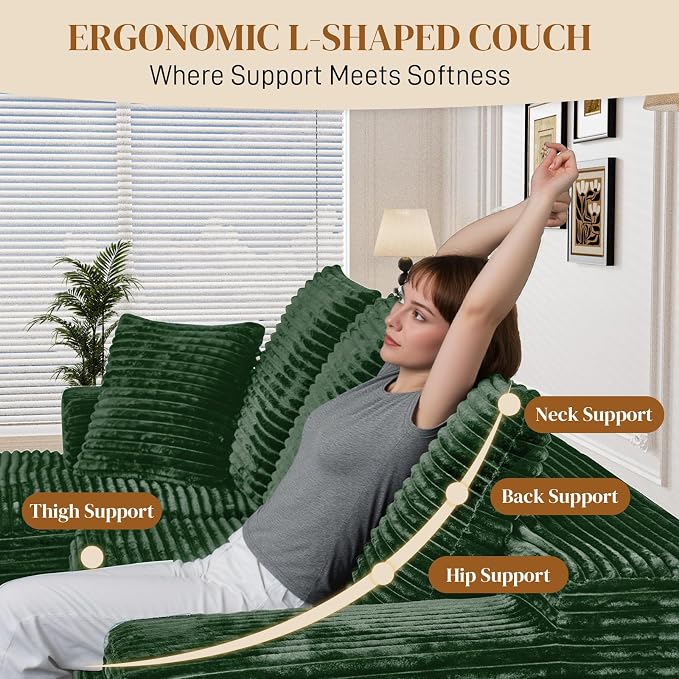 108" L Shaped Boneless Sectional Couches for Living Room, Comfy Corduroy Floor Cloud Sofa with Chaise, Wide Armrest, Deep Seat, Memory Foam, Assembly Free, Ideal for Small Spaces, Green