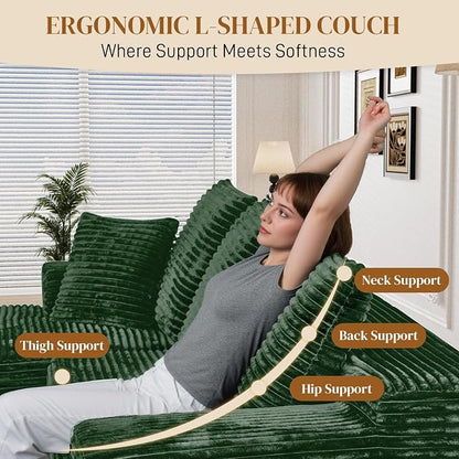 108" L Shaped Boneless Sectional Couches for Living Room, Comfy Corduroy Floor Cloud Sofa with Chaise, Wide Armrest, Deep Seat, Memory Foam, Assembly Free, Ideal for Small Spaces, Green