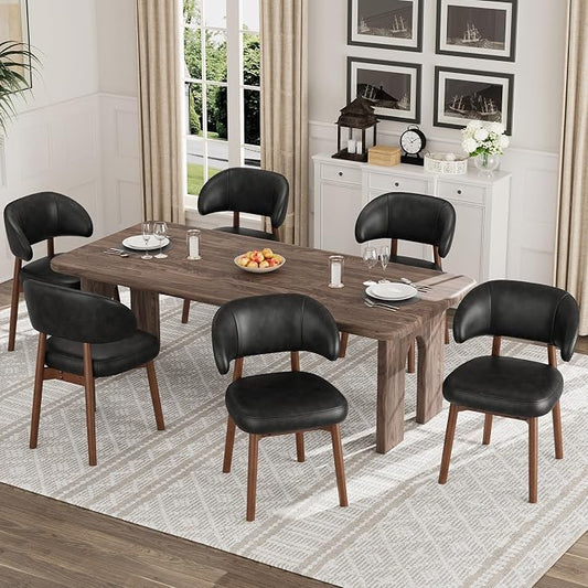 MALOL Wooden Dining Chairs Set of 6, Modern Upholstered Dining Room Chair, PU Leather Kitchen Side Chairs with Curved Open Back for Living Room/Restaurant/Cafe, Black