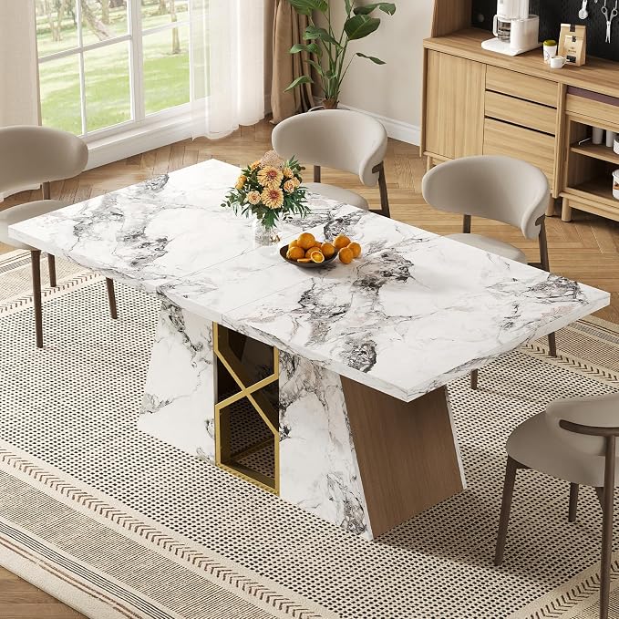 HOMISSUE 71 Inch Modern White Dining Table for 6-8 People, Large Faux Marble Kitchen and Dining Room Table,Rectanglar Dinner Table with Metal Frame for Dining Room, Living Room, White