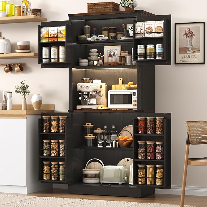 72" Tall Farmhouse Kitchen Pantry Cabinet with LED Light and Power Outlet,Modern Farmhouse Kitchen Storage Cabinet w Load-Bearing Steel Pipe,Barn Doors, Organizer,Food Pantry Cabinets(2PC Black)