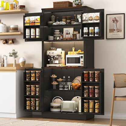 72" Tall Farmhouse Kitchen Pantry Cabinet with LED Light and Power Outlet,Modern Farmhouse Kitchen Storage Cabinet w Load-Bearing Steel Pipe,Barn Doors, Organizer,Food Pantry Cabinets(2PC Black)