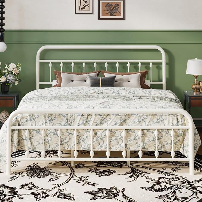 SHA CERLIN King Size Metal Platform Bed Frame with Victorian Style Iron-Art Headboard and Footboard, Easy Assembly, Under Bed Storage, No Box Spring Required, Off White