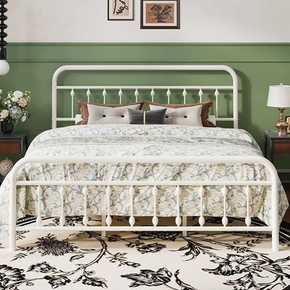 SHA CERLIN King Size Metal Platform Bed Frame with Victorian Style Iron-Art Headboard and Footboard, Easy Assembly, Under Bed Storage, No Box Spring Required, Off White