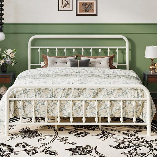 SHA CERLIN King Size Metal Platform Bed Frame with Victorian Style Iron-Art Headboard and Footboard, Easy Assembly, Under Bed Storage, No Box Spring Required, Off White