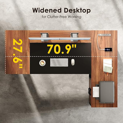 AODK 71 Inch L Shaped Executive Desk with Drawers and File Cabinet, Large Office Desk with Storage Shelves, Corner Computer Desk for Home Office, Walnut + Black