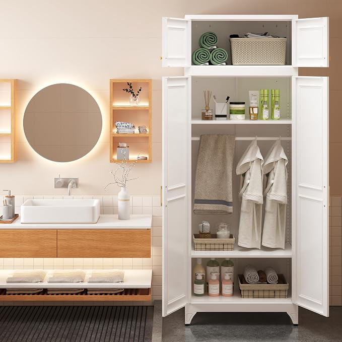 Armoire Wardrobe Closet with Hanging Rod, 86.6"Tall Metal Clothes Storage Cabinet with Doors and Adjustable Shelves, White Wardrobe Cabinet, Steel Closet for Bedroom, Bathroom, Office, School
