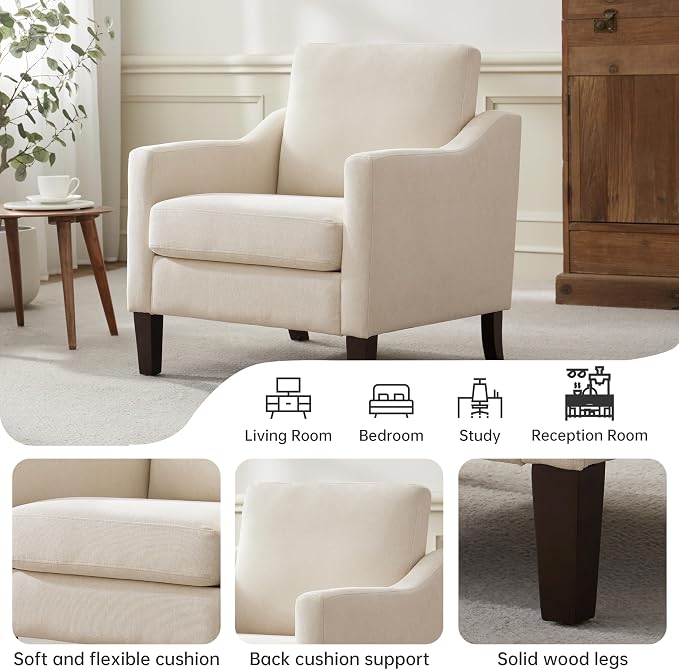 VKNOW Mid Century Modern Accent Chair, Upholstered Living Room Chairs Armchair for Bedroom, Comfy Reading Accent Chairs with Wood Legs for Living Room (1, Beige)