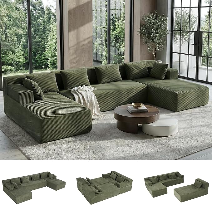 MONVANE 141" U Shaped Cloud Sectional Couch with Chaise Lounge, Modular Sectional Sofa with Removable Armrests, Comfy Corduroy Boneless Couches for Living Room, No Assembly Required, Green