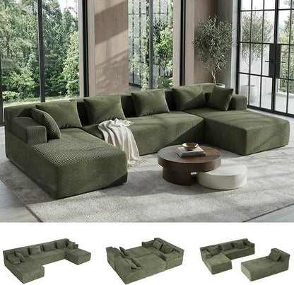 MONVANE 141" U Shaped Cloud Sectional Couch with Chaise Lounge, Modular Sectional Sofa with Removable Armrests, Comfy Corduroy Boneless Couches for Living Room, No Assembly Required, Green