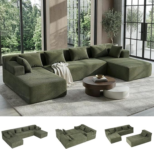 MONVANE 141" U Shaped Cloud Sectional Couch with Chaise Lounge, Modular Sectional Sofa with Removable Armrests, Comfy Corduroy Boneless Couches for Living Room, No Assembly Required, Green