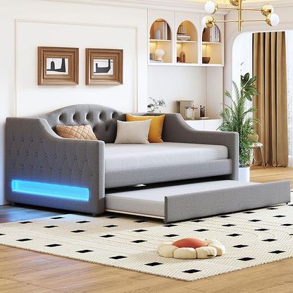 Merax Full XL Size Modern Upholstered Platform Bed with Trundle Bed, Linen Daybed with Wood Slat Support, Storage Bed Frame with Headboard/Gray