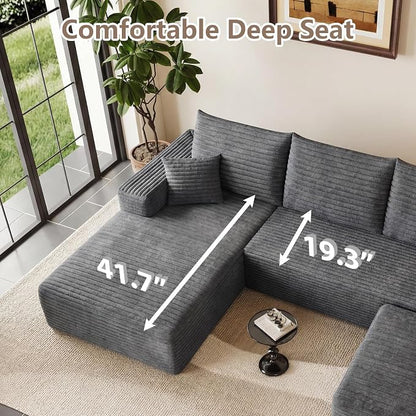 95" Cloud Sectional Couch U-Shaped Chaise with Ottoman, Corduroy Boneless Couch for Living Room Bedroom, Deep-Seat Upholstered Modular Cloud Sofa, No Assembly Required (Grey, Left Facing Chaise)