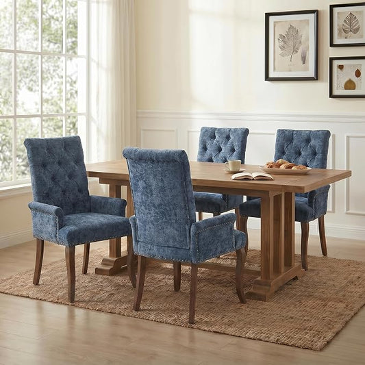 Upholstered Dining Chairs with Arms Set of 4, Blue, 4 Pack | Tufted Chenille Kitchen Chairs with Arms, Modern Farmhouse Armchair with Nailhead Trim for Dining Room, Home Office