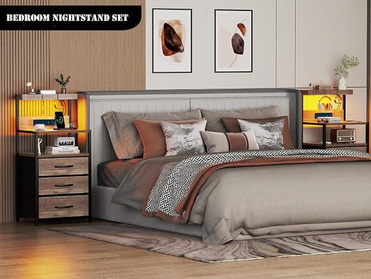 SZLHANJZ Nightstand Set of 2, Large Night Stand with LED Lights and Charging Station, 39-Inch Tall Bed Side Tables with Shelves, 3 Fabric Drawers Bedside Table for Bedroom, Greige