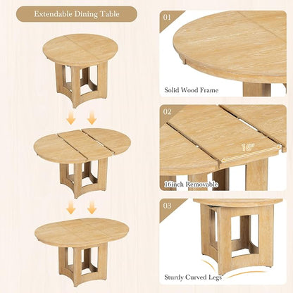 LUMISOL Round Dining Table for 4-6 People, 41"-57" Extendable Kitchen Table with 16" Removable Leaf for Small Places, Kitchen, Dining Room, Natural