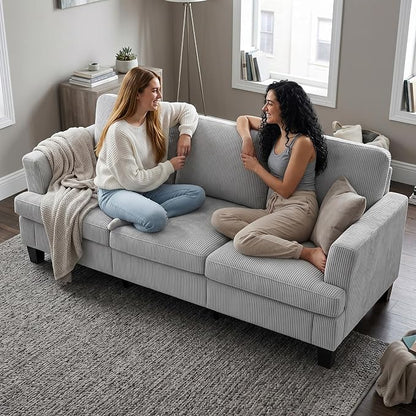 Modern 3 Seater Sofa for Living Room with Soft Deep Seats, Sofa 3 Seater in Linen, Upholstered Apartment Sofa with Armrests, Comfy Cozy Sofas for Bedroom (Corduroy, Light Grey)