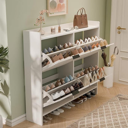 MU 46.5" W Fluted Shoe Storage Cabinet for Entryway, Shoe Cabinet with 4 Flip Drawers, Narrow Wood Shoe Rack Cabinet, Freestanding Hidden Shoe Organizer with Wooden Legs for Hallway, Entrance, White