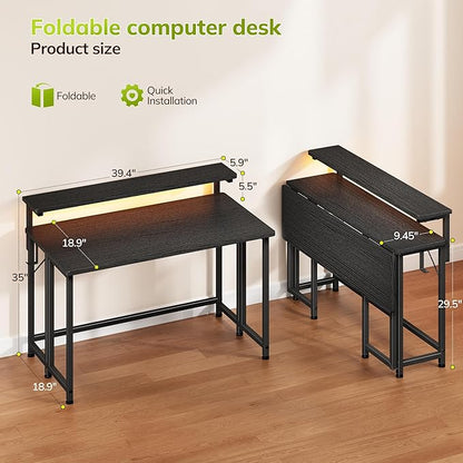 DurayLoly Folding Table with RGB Light for Small Space, 39.4" Folding Computer Desk for Space Saving Sofa Table for Couch, Home Work Office Desk with Monitor Stand, Easy to Fold with Hooks,Black