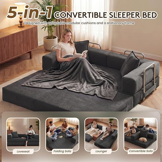 GRUSIGN 78 Inch Convertible Sofa Bed, 5-in-1 Futon Sofa Bed Pull Out Couch, Boneless Couch Bed for Living Room, Corduroy Boneless Couches for Bedroom, Apartment, No Assembly Sleeper Sofa Bed, Gray