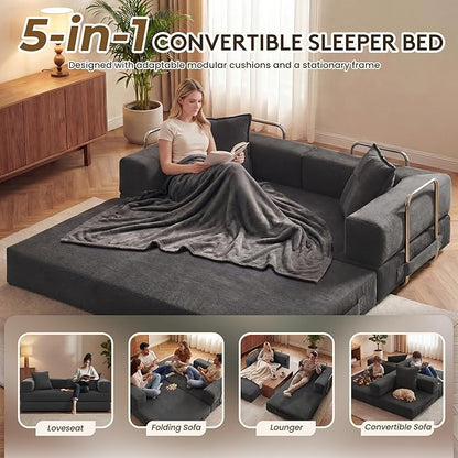 GRUSIGN 78 Inch Convertible Sofa Bed, 5-in-1 Futon Sofa Bed Pull Out Couch, Boneless Couch Bed for Living Room, Corduroy Boneless Couches for Bedroom, Apartment, No Assembly Sleeper Sofa Bed, Gray