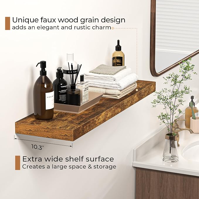 Floating Shelves - 10.3 Inch Deep Wall Shelf for Decor & Storage - Wall Mounted Display Shelving with Invisible Heavy-Duty Metal Bracket - 36" W x 10.3" D x 1.8" H - Set of 1 - Rustic Brown