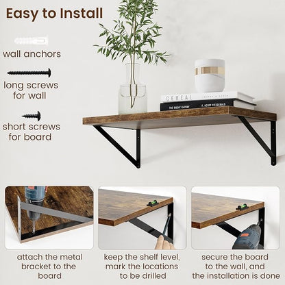 Axeman 12 Inch Deep Floating Shelves for Wall - 24 Inch Wide x 12 Inch Deep Wall Shelves Set of 2 - Rustic Wood Floating Shelves for Living Room