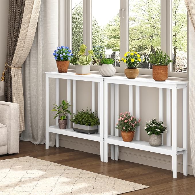 ELYKEN Bamboo 2-Tier Narrow Console Table, 36.2" Long Slim Sofa Table Behind Couch for Entryway, Hallway, Living Room, White