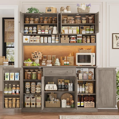 HIFIT 72.8” Tall Kitchen Pantry Cabinet with LED & Charging Station, 55” Wide Farmhouse Pantry Cabinet with Microwave Stand&Shelves&Swing-Out Door, Kitchen Hutch Coffee Bar for Living Room, Grey