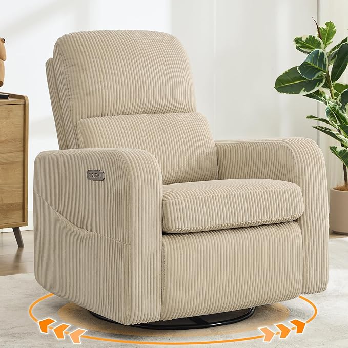 Swivel Rocker Recliner, Oversized Power Recliner Nursery Glider with Removable Cushion, Upholstered Corduroy Swivel Reclining Chairs for Nursery Living Room Bedroom, Camel