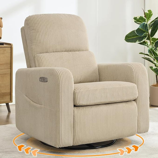 Swivel Rocker Recliner, Oversized Power Recliner Nursery Glider with Removable Cushion, Upholstered Corduroy Swivel Reclining Chairs for Nursery Living Room Bedroom, Camel