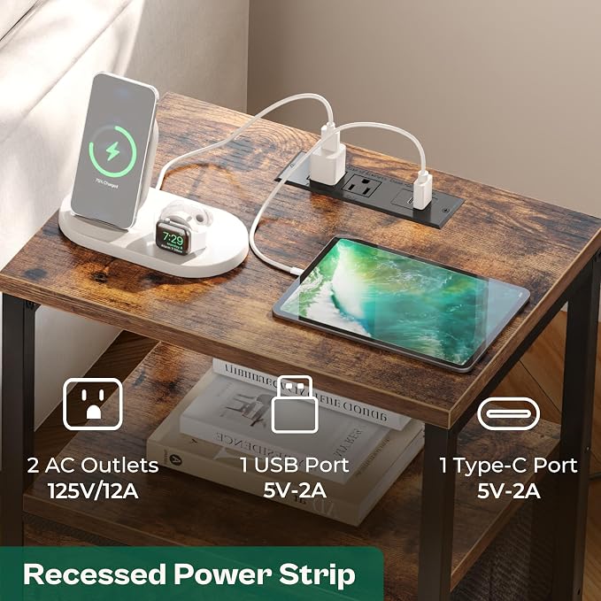 Huuger Nightstand with Charging Station, Fabric Drawers, End Table with Open Shelf, Bedside Table with USB Ports and Outlets, Night Stand for Bedroom, Rustic Brown