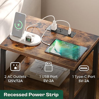 Huuger Nightstand with Charging Station, Fabric Drawers, End Table with Open Shelf, Bedside Table with USB Ports and Outlets, Night Stand for Bedroom, Rustic Brown