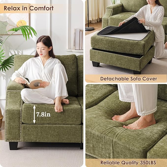 Rexulqo 85'' L Shaped Couch with Armrest Organizer,3 Seats Sofas with Storage Ottoman,Comfy Sectional Sofa with Thick Cushion,Chenille Sectional Couches for Living Room,Bedroom,Apartment,Green