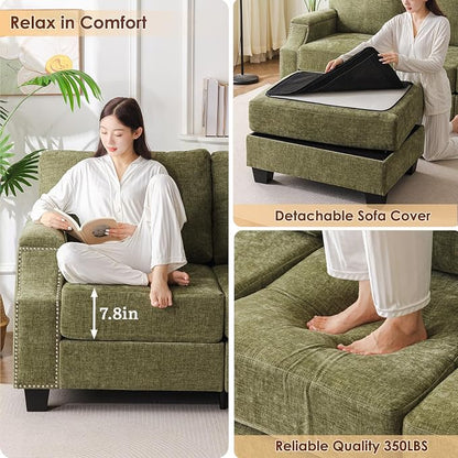 Rexulqo 85'' L Shaped Couch with Armrest Organizer,Comfy 3 Seats Sofa with Storage Ottoman,Chenille Sectional Couches for Living Room,Bedroom,Apartment,Sofa Set with Oversized Chair,Green
