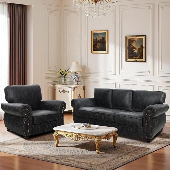 Couchus Mid-Century Vintage Sofa Couches with Rivet Design,loveseat Sofa,Removable Sofa Cover Upholstered Cushions and Solid Wood Frame (Grey, Loveseat)