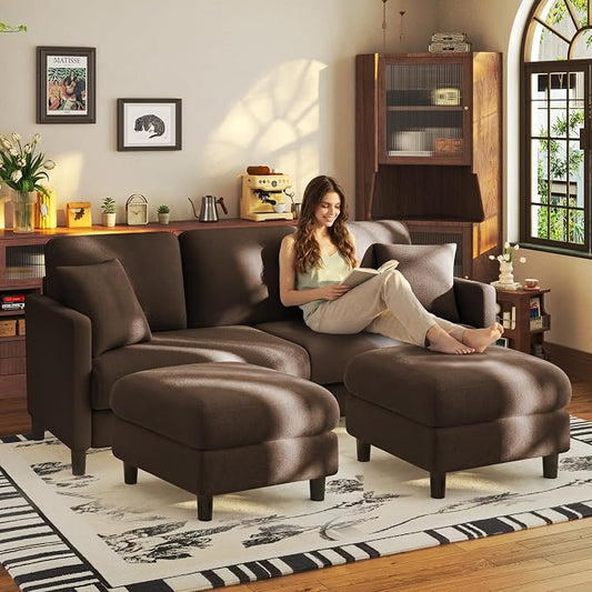 Welzona 83" Couches for Living Room, Teddy Sofa Couch with Storage Ottomans, U Shaped Couch with Movable Ottomans, Tool-Free Modular Sectional Sofa, All-Wood Sofas for Living Room 2 Pillows, Khaki