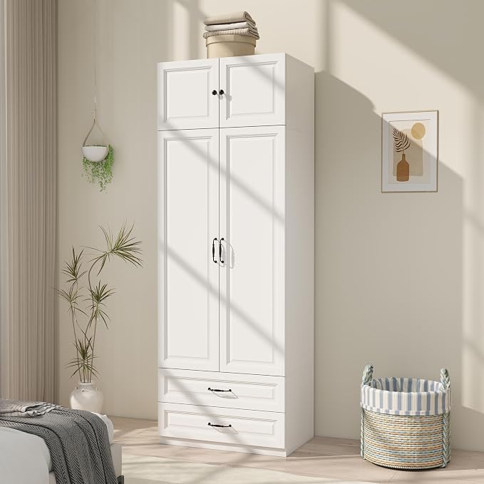 Armoire Wardrobe Closet with Doors: 89" Extra Tall White Wardrobe with Storage on Top, Bedroom Armoires with 2 Doors and 2 Drawers, Large Wood Closet Armoire for Hanging Clothes