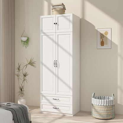 Armoire Wardrobe Closet with Doors: 89" Extra Tall White Wardrobe with Storage on Top, Bedroom Armoires with 2 Doors and 2 Drawers, Large Wood Closet Armoire for Hanging Clothes