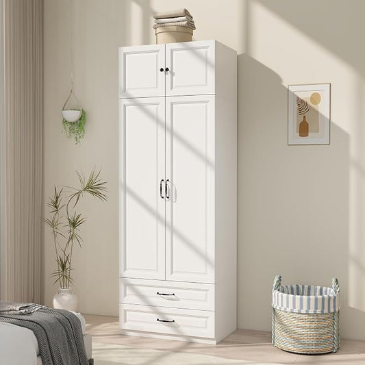 Armoire Wardrobe Closet with Doors: 89" Extra Tall White Wardrobe with Storage on Top, Bedroom Armoires with 2 Doors and 2 Drawers, Large Wood Closet Armoire for Hanging Clothes