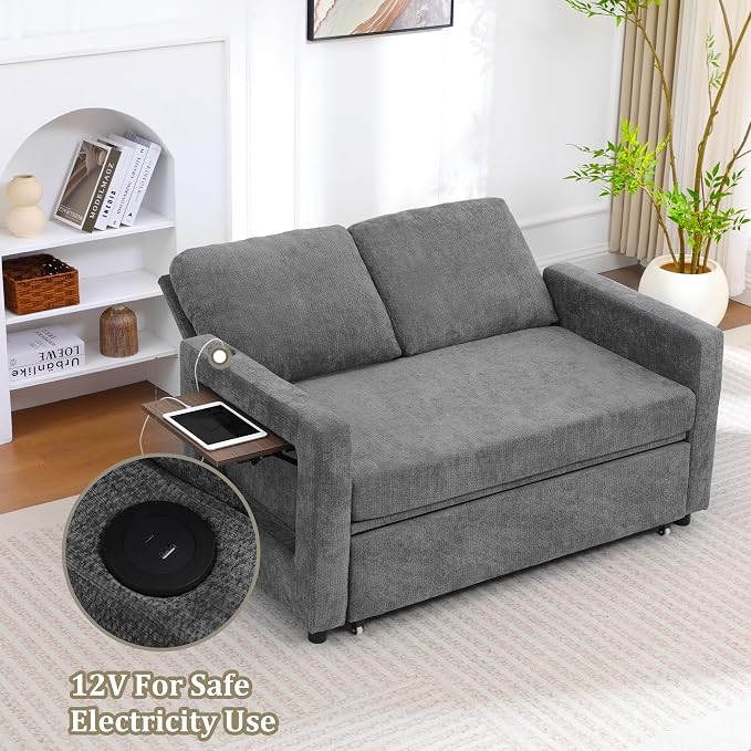 3 in 1 Folding Convertible Sleeper Sofa Bed Pull Out Couch with Side Pockets USB Port Side Table Loveseat Sofa Bed with Adjustable Backrest for Living Room Bedroom 66" Darkgrey 2 SEAT