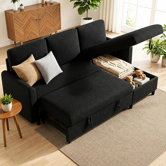 JAMFLY 77" Pull Out Sleeper Sofa Bed with Storage Chaise, L-Shaped Corduroy Sectional Couch, 3-Seater Convertible Sofa Bed for Small Space, Apartment & Guest Room, Pet-Friendly & Easy Assembly, Black
