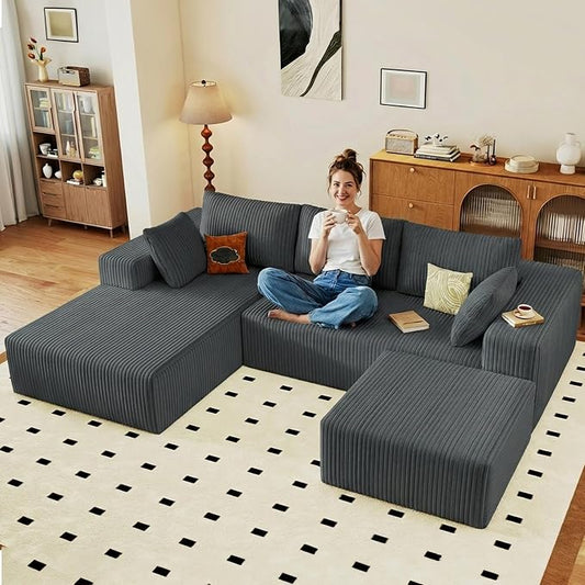95" Cloud Sectional Couch U-Shaped Chaise with Ottoman, Corduroy Boneless Couch for Living Room Bedroom, Deep-Seat Upholstered Modular Cloud Sofa, No Assembly Required (Grey, Left Facing Chaise)