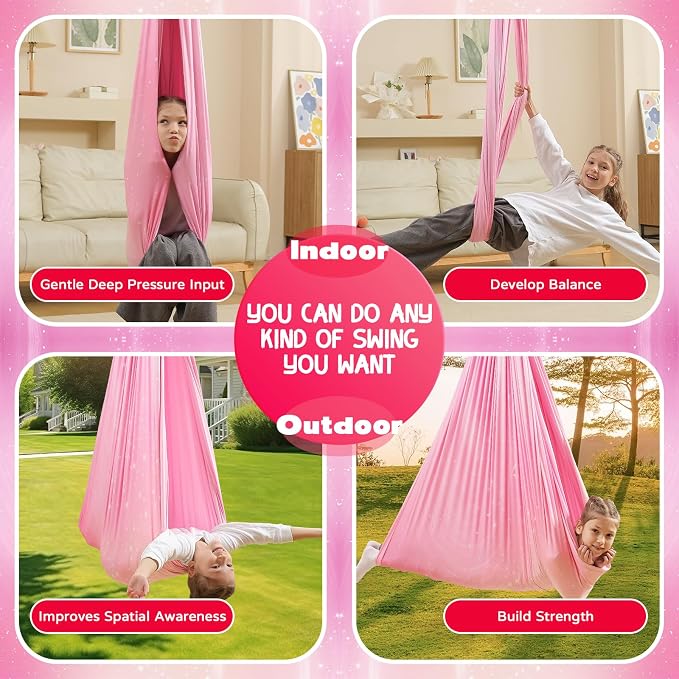Sensory Swing for Kids Indoor & Outdoor Double Layer Therapy Cuddle Hammock Chair with 360° Swivel Hanger Kit Adjustable Child and Adult Aspergers Autism ADHD (Pink) (WUBOTIYU010)