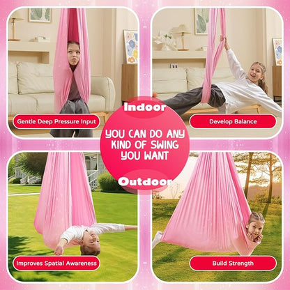 Sensory Swing for Kids Indoor & Outdoor Double Layer Therapy Cuddle Hammock Chair with 360° Swivel Hanger Kit Adjustable Child and Adult Aspergers Autism ADHD (Pink) (WUBOTIYU010)