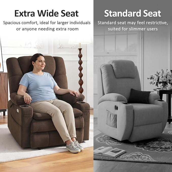 MCombo Big Man Power Lay Flat Lift Chair, Triple Motor Power Lift Recliner with Massage & Dual Heating, Adjustable Headrest, Fabric R7524 (Coffee, Medium-Wide)